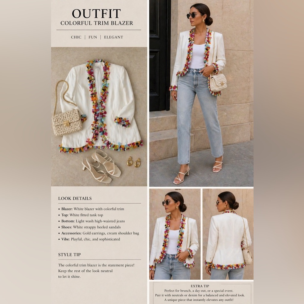 Cream Fringed Trim Blazer - Elegant Casual Tailoring - Picture 3 of 4